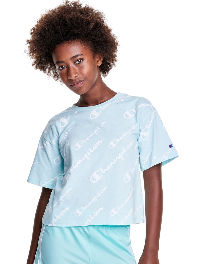 Champion T-Shirt Meisjes - LichtBlauw - Boxy Allover Logo ( 491605-JRQ )